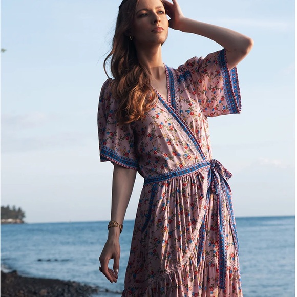 TULLE & BATISTE handmade floral Pink and Blue Wrap Rayon Maxi Dress NWT - Picture 3 of 16